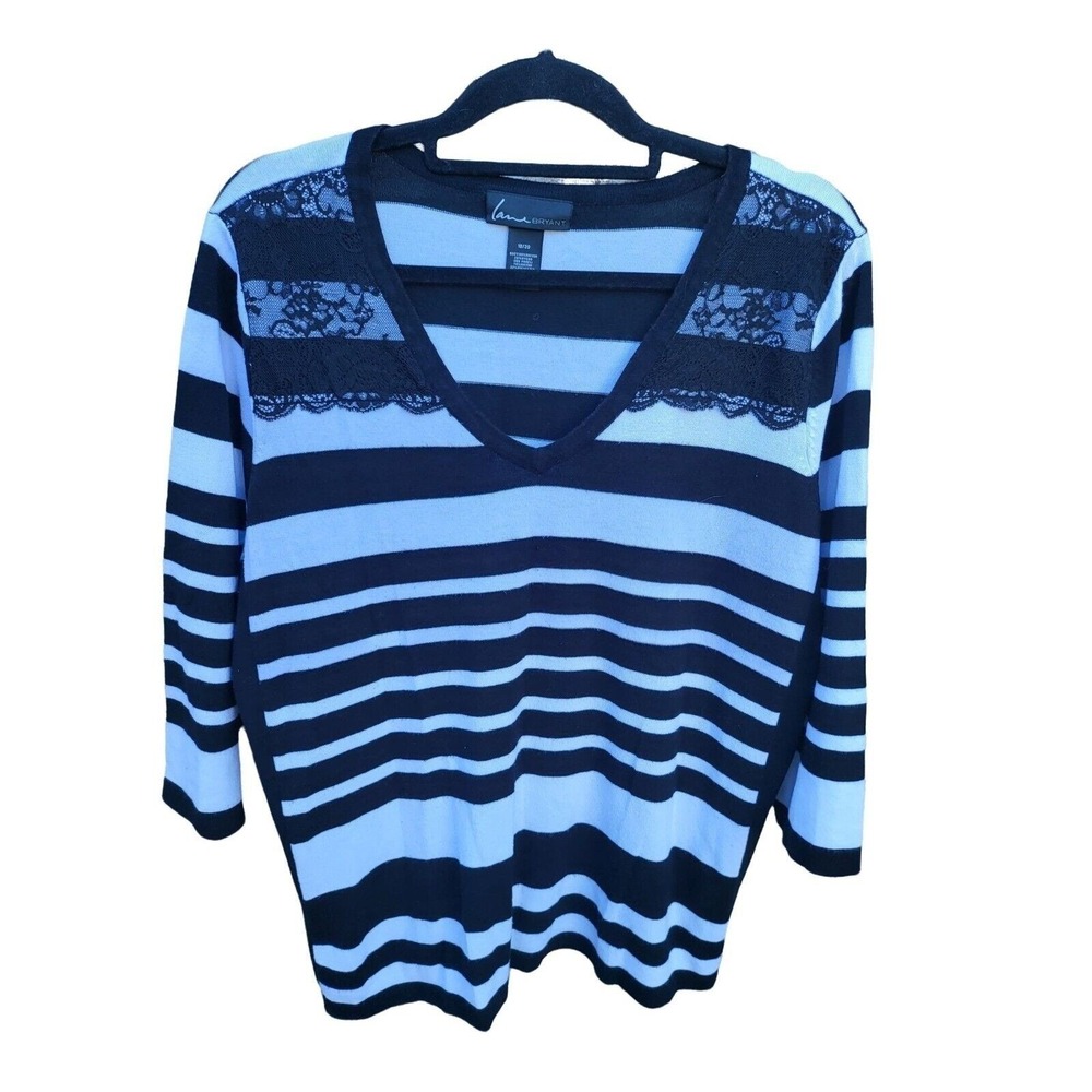 Lane Bryant Sweater 18/20 Plus Size Black White Striped V Neck Half Sleeve Pullo